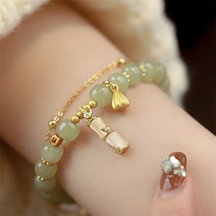 Bracelet à breloques en bambou et lotus en jade Hetian naturel avec Buddha Stones