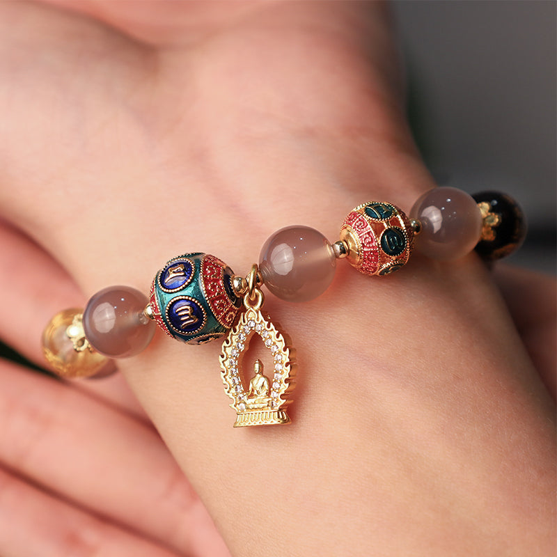Bracelet à breloques Buddha Stones en agate grise naturelle, cinq directions, dieux de la richesse, Om Mani Padme Hum