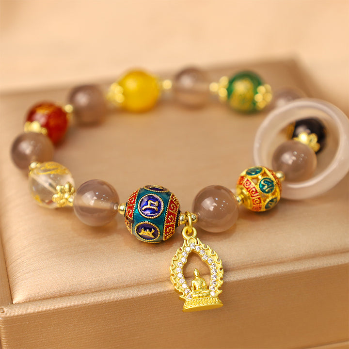 Bracelet à breloques Buddha Stones en agate grise naturelle, cinq directions, dieux de la richesse, Om Mani Padme Hum