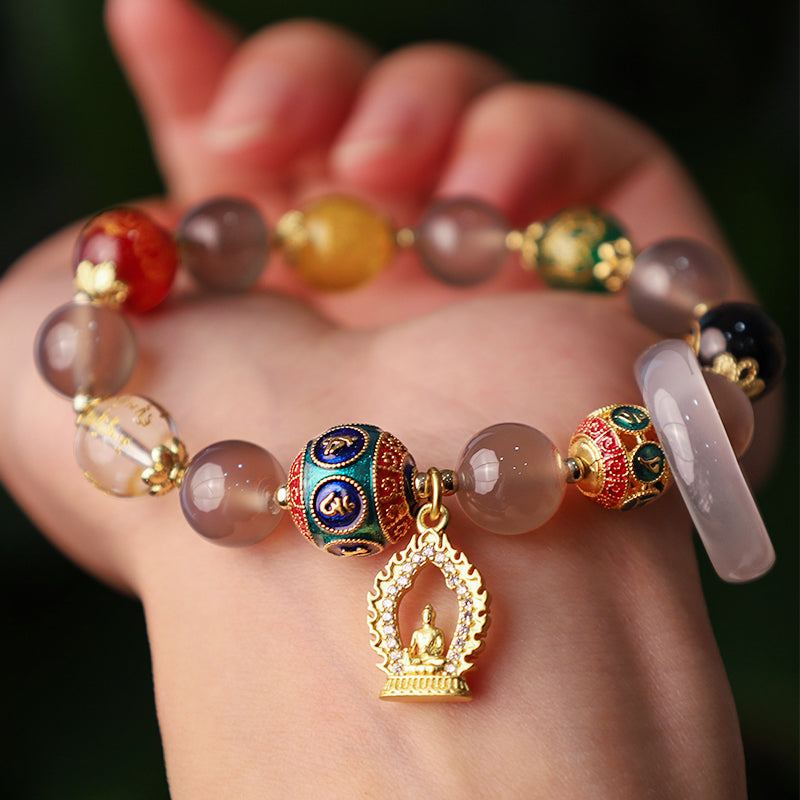 Bracelet à breloques Buddha Stones en agate grise naturelle, cinq directions, dieux de la richesse, Om Mani Padme Hum