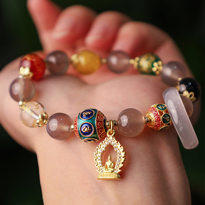 Bracelet à breloques Buddha Stones en agate grise naturelle, cinq directions, dieux de la richesse, Om Mani Padme Hum