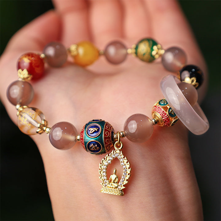Bracelet à breloques Buddha Stones en agate grise naturelle, cinq directions, dieux de la richesse, Om Mani Padme Hum