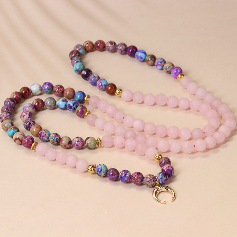 Bracelet de guérison Mala en cristal rose véritable Miano avec 108 perles de Buddha Stones