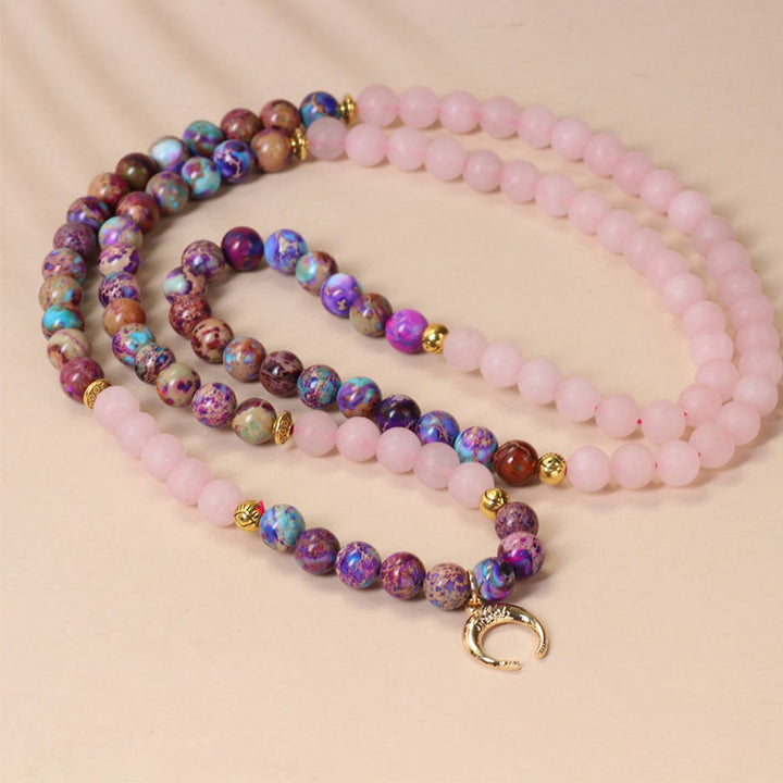 Bracelet de guérison Mala en cristal rose véritable Miano avec 108 perles de Buddha Stones