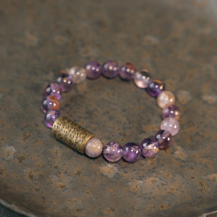 Bracelet de protection fantôme violet en quartz rutile doré et quartz hématoïde rouge et cristal blanc Buddha Stones