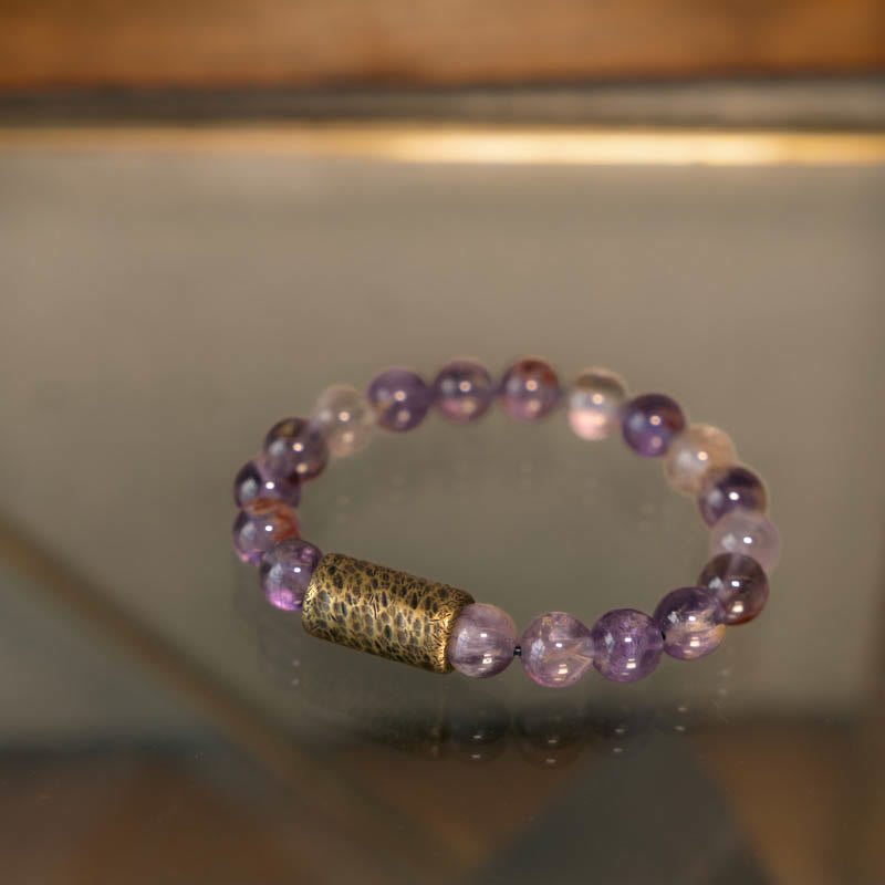 Bracelet de protection fantôme violet en quartz rutile doré et quartz hématoïde rouge et cristal blanc Buddha Stones