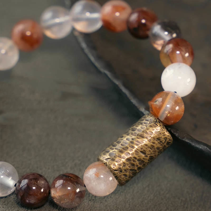 Bracelet de protection fantôme violet en quartz rutile doré et quartz hématoïde rouge et cristal blanc Buddha Stones