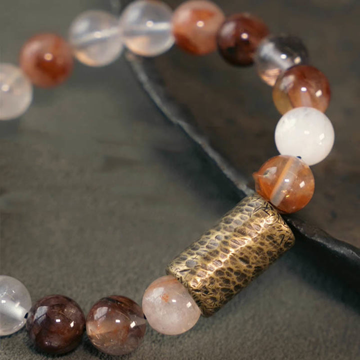 Bracelet de protection fantôme violet en quartz rutile doré et quartz hématoïde rouge et cristal blanc Buddha Stones