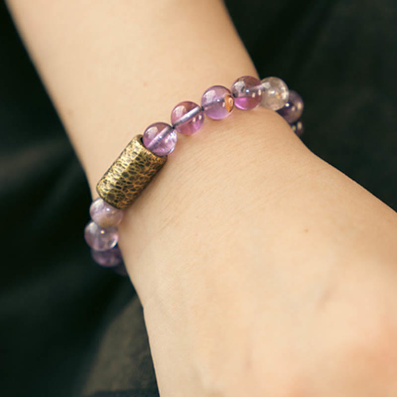 Bracelet de protection fantôme violet en quartz rutile doré et quartz hématoïde rouge et cristal blanc Buddha Stones