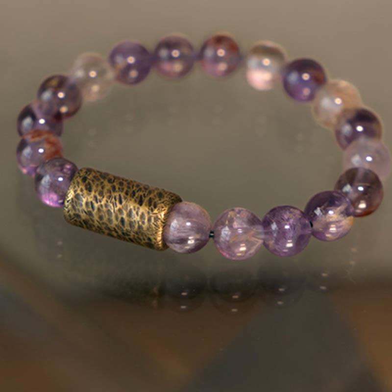 Bracelet de protection fantôme violet en quartz rutile doré et quartz hématoïde rouge et cristal blanc Buddha Stones