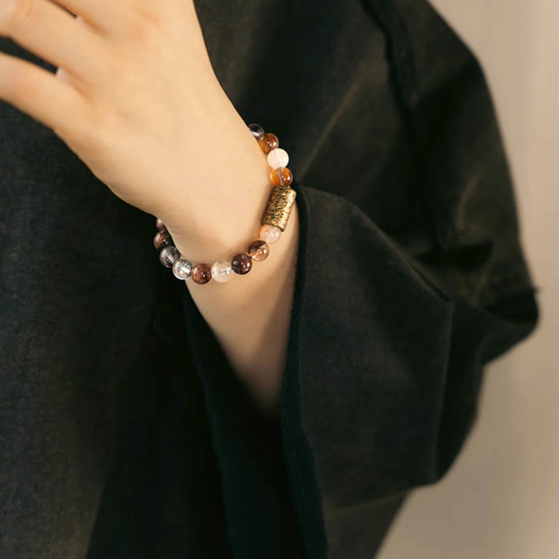 Bracelet de protection fantôme violet en quartz rutile doré et quartz hématoïde rouge et cristal blanc Buddha Stones