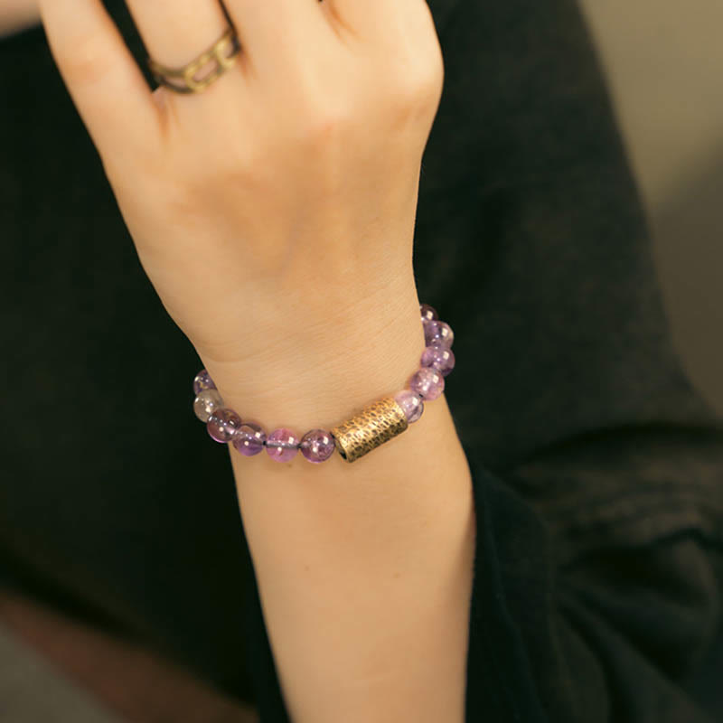 Bracelet de protection fantôme violet en quartz rutile doré et quartz hématoïde rouge et cristal blanc Buddha Stones