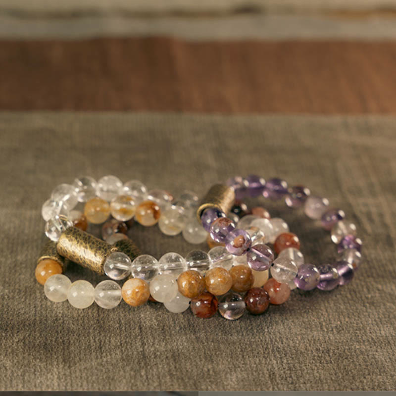 Bracelet de protection fantôme violet en quartz rutile doré et quartz hématoïde rouge et cristal blanc Buddha Stones