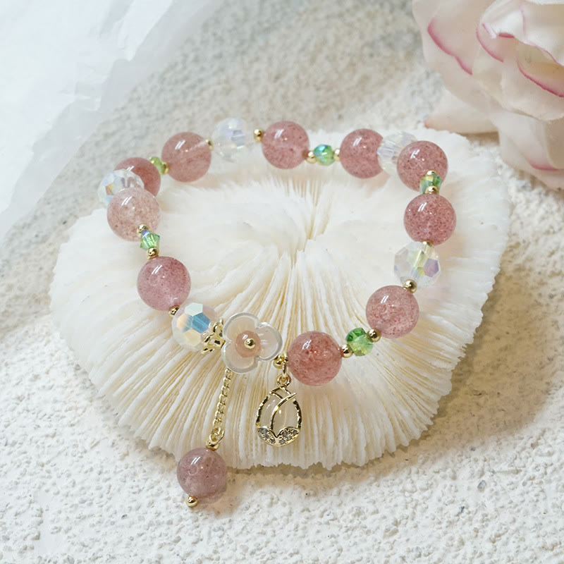 Bracelet de guérison en quartz fraise, quartz rutile, fluorite et fleur de lotus Buddha Stones