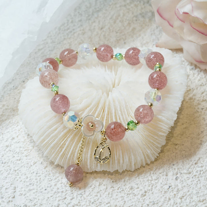 Bracelet de guérison en quartz fraise, quartz rutile, fluorite et fleur de lotus Buddha Stones