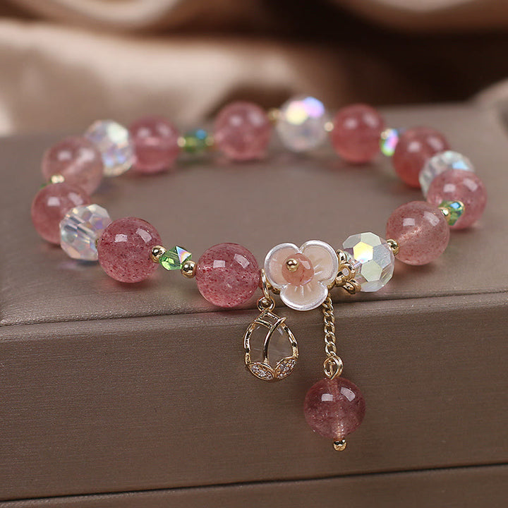 Bracelet de guérison en quartz fraise, quartz rutile, fluorite et fleur de lotus Buddha Stones