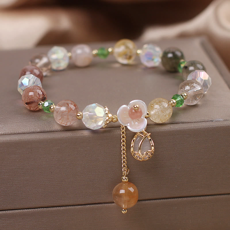 Bracelet de guérison en quartz fraise, quartz rutile, fluorite et fleur de lotus Buddha Stones