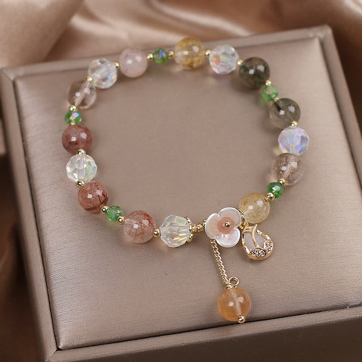 Bracelet de guérison en quartz fraise, quartz rutile, fluorite et fleur de lotus Buddha Stones