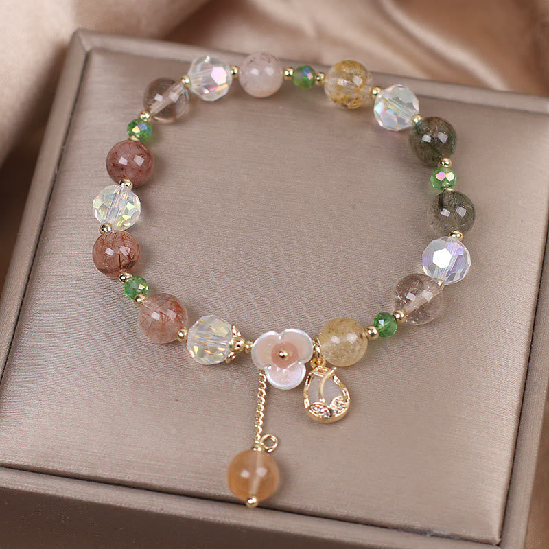 Bracelet de guérison en quartz fraise, quartz rutile, fluorite et fleur de lotus Buddha Stones