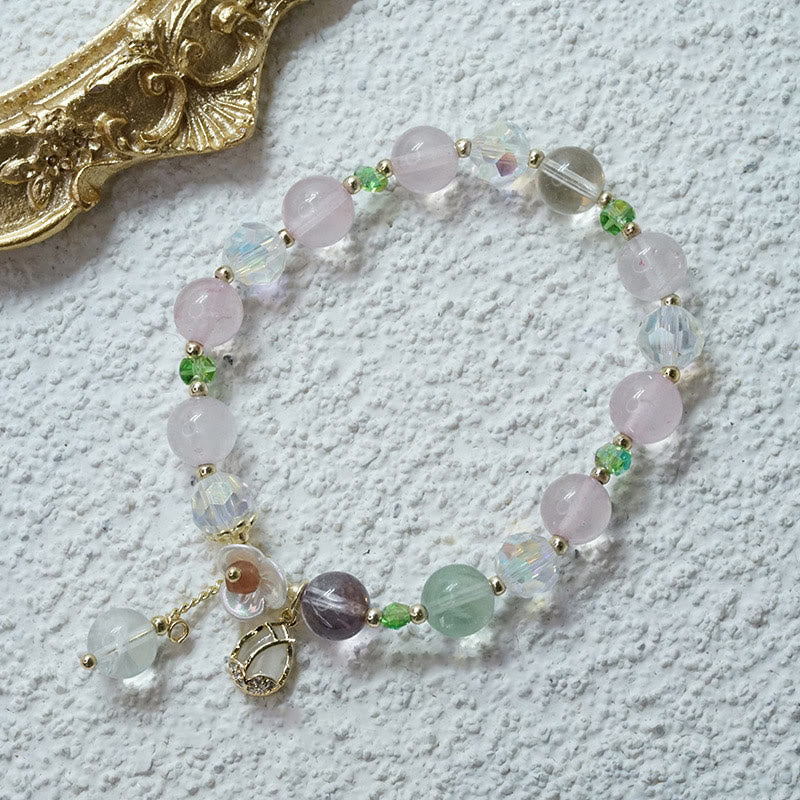 Bracelet de guérison en quartz fraise, quartz rutile, fluorite et fleur de lotus Buddha Stones