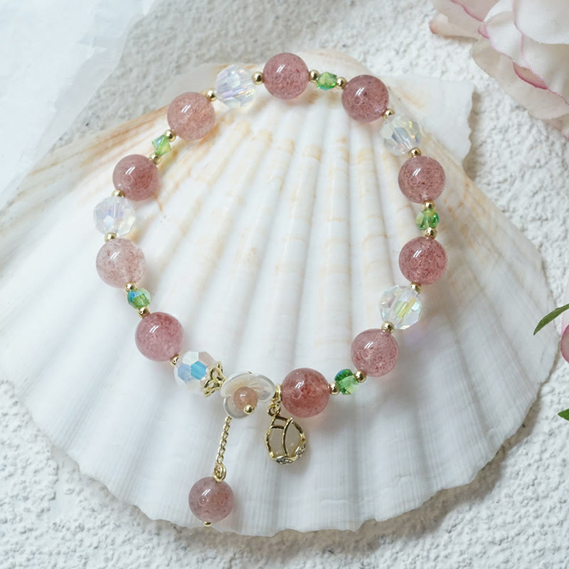 Bracelet de guérison en quartz fraise, quartz rutile, fluorite et fleur de lotus Buddha Stones