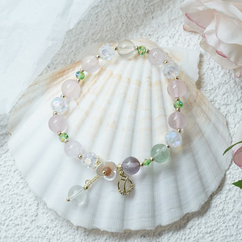 Bracelet de guérison en quartz fraise, quartz rutile, fluorite et fleur de lotus Buddha Stones