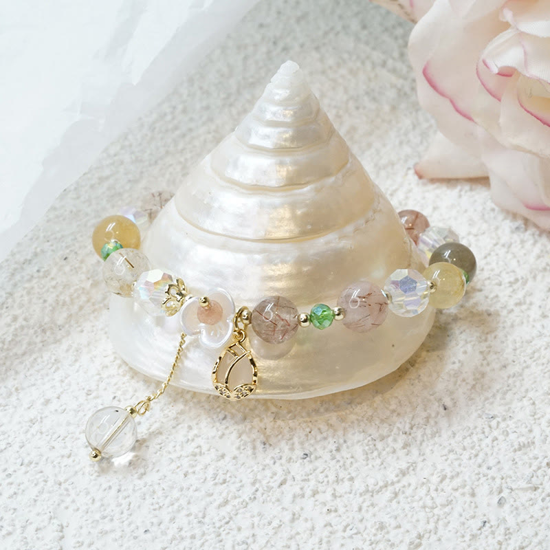 Bracelet de guérison en quartz fraise, quartz rutile, fluorite et fleur de lotus Buddha Stones