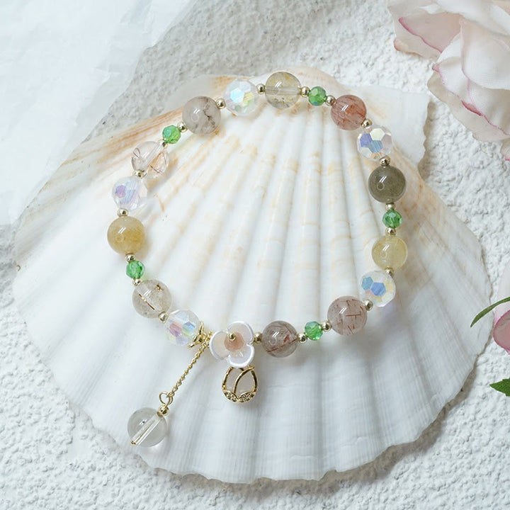 Bracelet de guérison en quartz fraise, quartz rutile, fluorite et fleur de lotus Buddha Stones