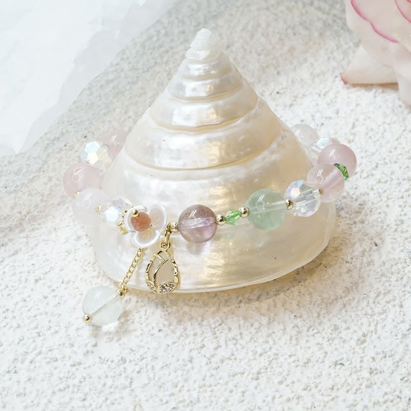 Bracelet de guérison en quartz fraise, quartz rutile, fluorite et fleur de lotus Buddha Stones