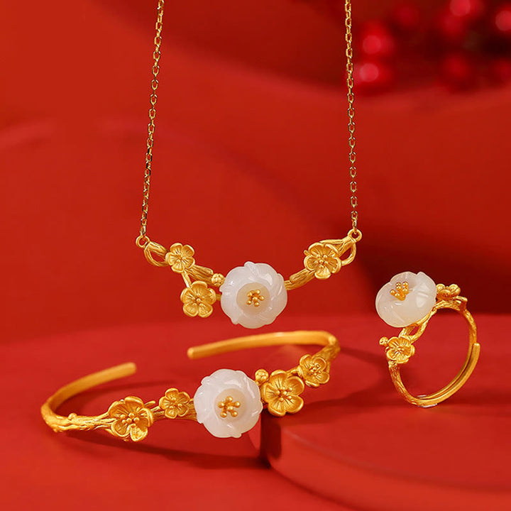 Buddha Stones et jade Hetian en fleur de prunier - 3 pièces (bracelet, collier et bague) - image 0