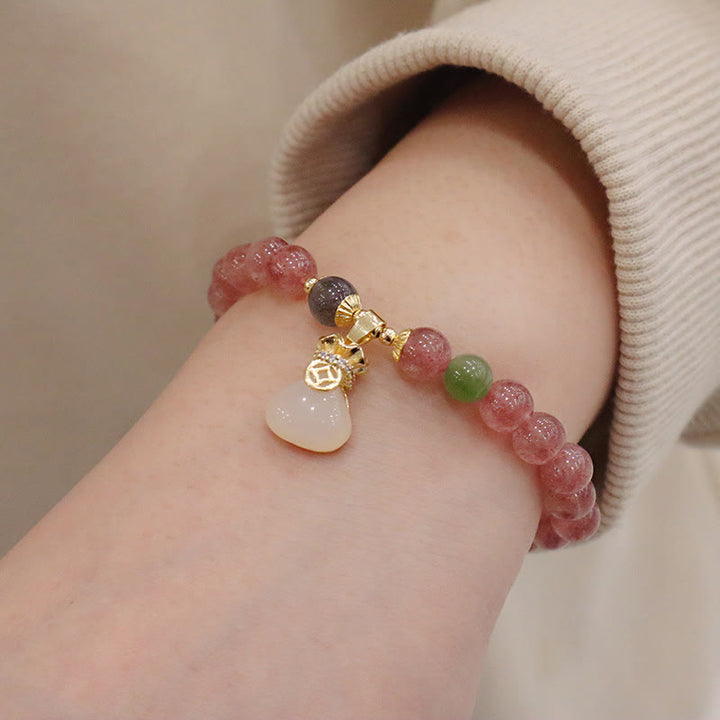 Bracelet de guérison en jade et quartz fraise naturel avec boucle de paix et porte-monnaie en Buddha Stones