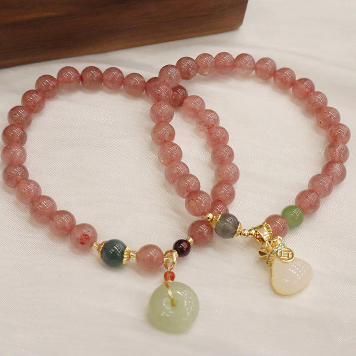 Bracelet de guérison en jade et quartz fraise naturel avec boucle de paix et porte-monnaie en Buddha Stones