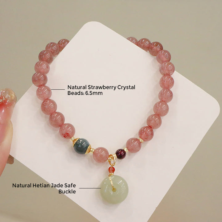 Bracelet de guérison en jade et quartz fraise naturel avec boucle de paix et porte-monnaie en Buddha Stones