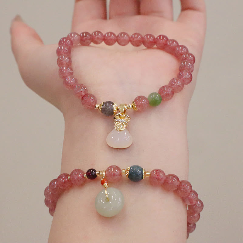 Bracelet de guérison en jade et quartz fraise naturel avec boucle de paix et porte-monnaie en Buddha Stones