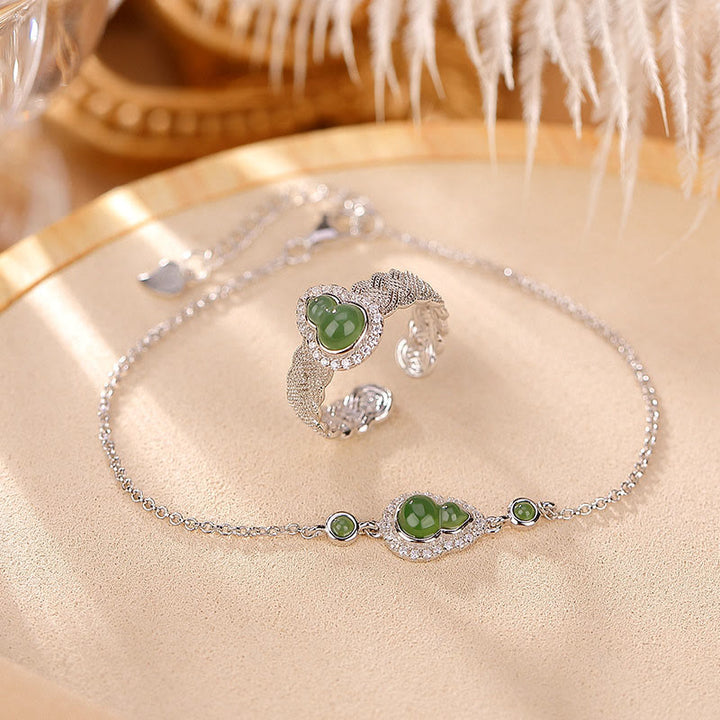 Ensemble de bagues et bracelet porte-bonheur en jade cyan Hetian naturel plaqué or 925 avec Buddha Stones