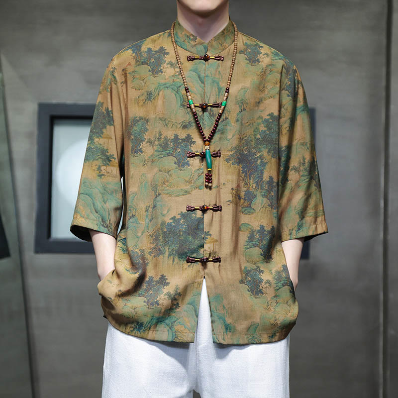 T-shirt à manches trois-quarts pour homme avec motif de dragon chinois et paysage de Buddha Stones - Paysage (haut seulement) - US/UK/AU46,EU56 (5XL)  - image 0