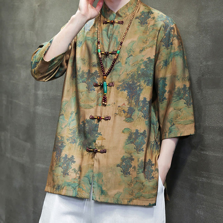 T-shirt à manches trois-quarts pour homme avec motif de dragon chinois et paysage de Buddha Stones - image 1