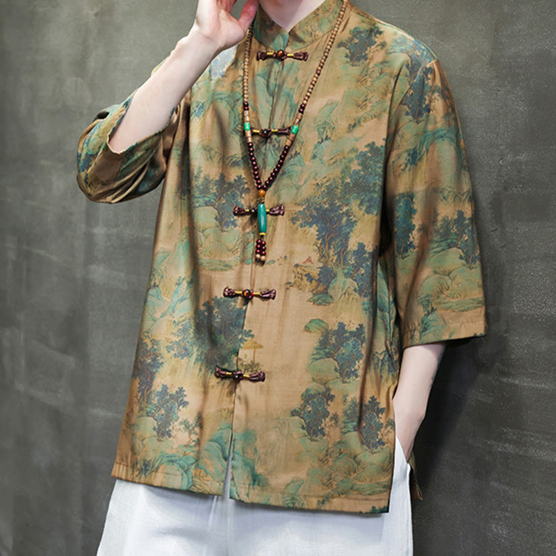 T-shirt à manches trois-quarts pour homme avec motif de dragon chinois et paysage de Buddha Stones - image 1