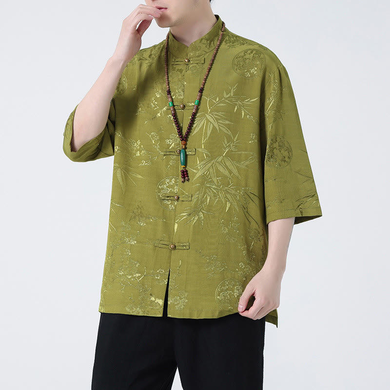T-shirt à manches courtes pour homme avec boutons de grenouille et Buddha Stones de pêcher et feuilles de bambou