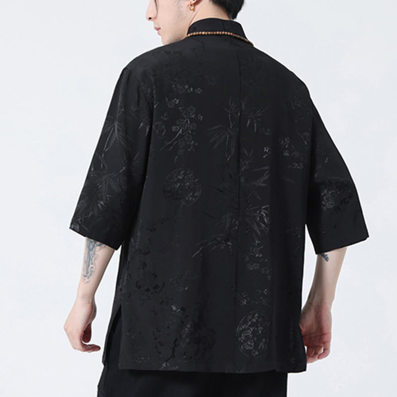 T-shirt à manches courtes pour homme avec boutons de grenouille et Buddha Stones de pêcher et feuilles de bambou