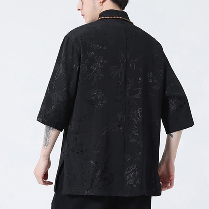 T-shirt à manches courtes pour homme avec boutons de grenouille et Buddha Stones de pêcher et feuilles de bambou