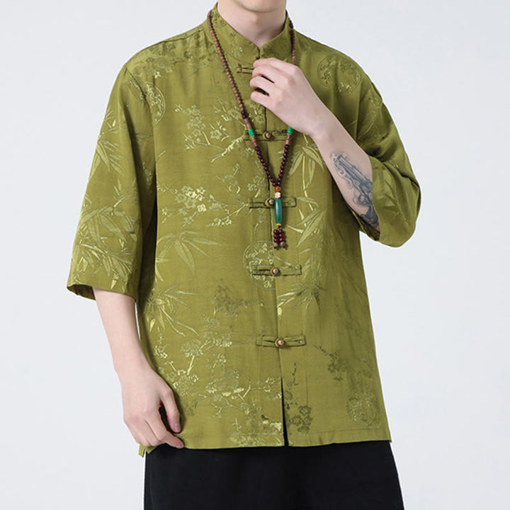 T-shirt à manches courtes pour homme avec boutons de grenouille et Buddha Stones de pêcher et feuilles de bambou