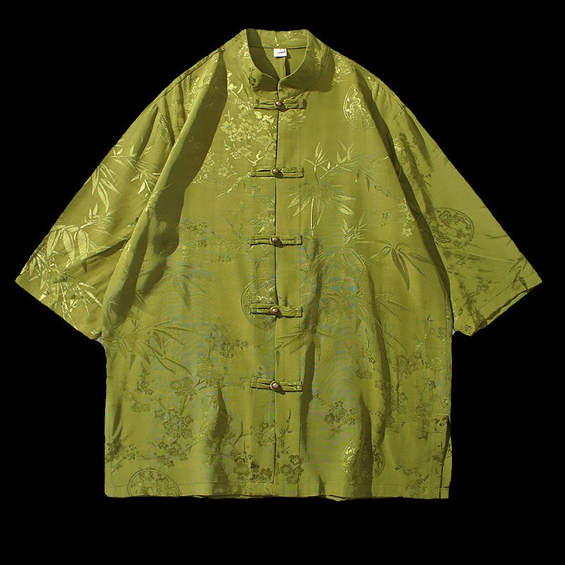 T-shirt à manches courtes pour homme avec boutons de grenouille et Buddha Stones de pêcher et feuilles de bambou