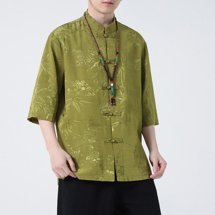 T-shirt à manches courtes pour homme avec boutons de grenouille et Buddha Stones de pêcher et feuilles de bambou