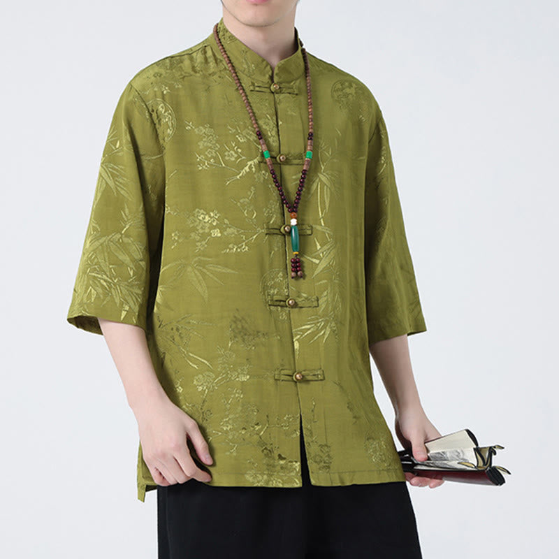 T-shirt à manches courtes pour homme avec boutons de grenouille et Buddha Stones de pêcher et feuilles de bambou