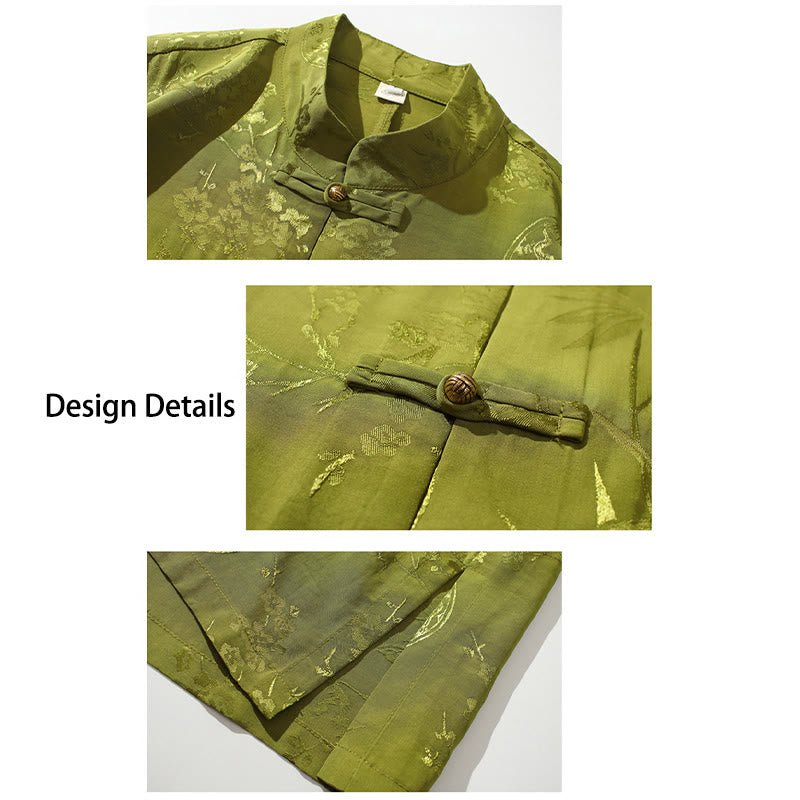 T-shirt à manches courtes pour homme avec boutons de grenouille et Buddha Stones de pêcher et feuilles de bambou