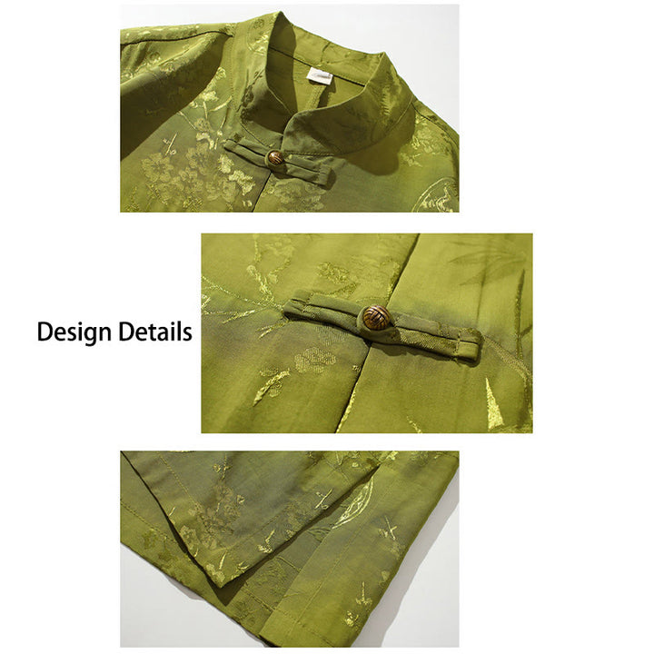 T-shirt à manches courtes pour homme avec boutons de grenouille et Buddha Stones de pêcher et feuilles de bambou