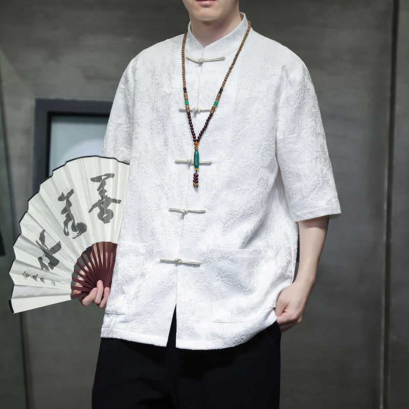 T-shirt à manches courtes et boutons de grenouille en jacquard de couleur unie Buddha Stones pour hommes