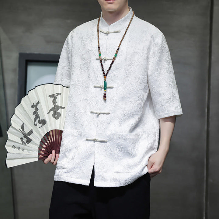 T-shirt à manches courtes et boutons de grenouille en jacquard de couleur unie Buddha Stones pour hommes