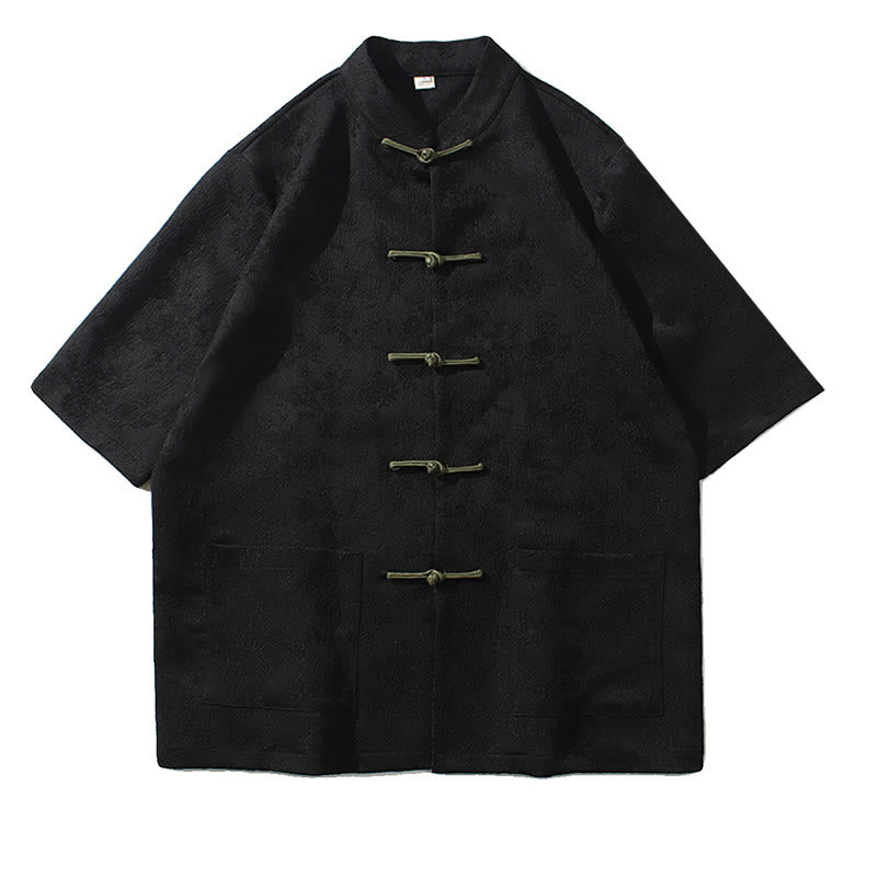 T-shirt à manches courtes et boutons de grenouille en jacquard de couleur unie Buddha Stones pour hommes